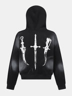 Boxy Faux Fur Collar Comic Character Print Zipper Hoodie