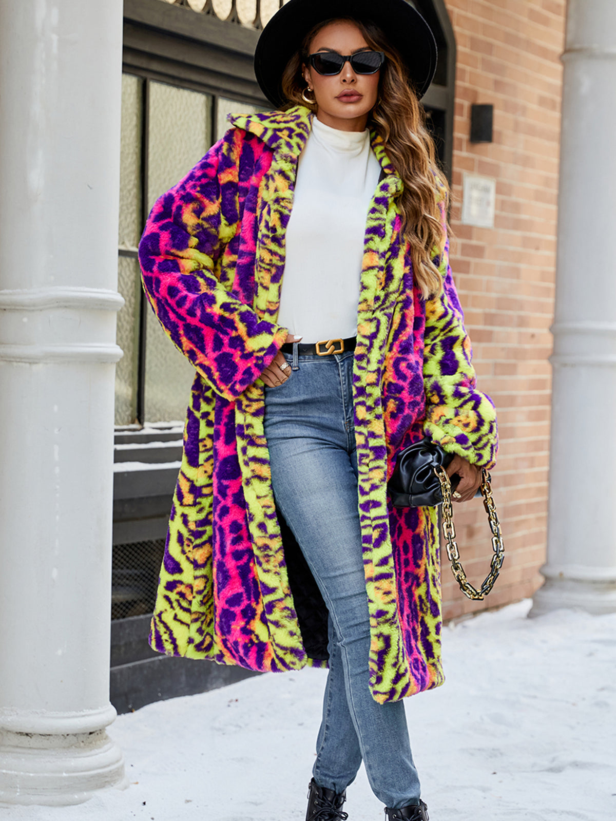Women Neon Leopard Print Faux Fur Long Coat