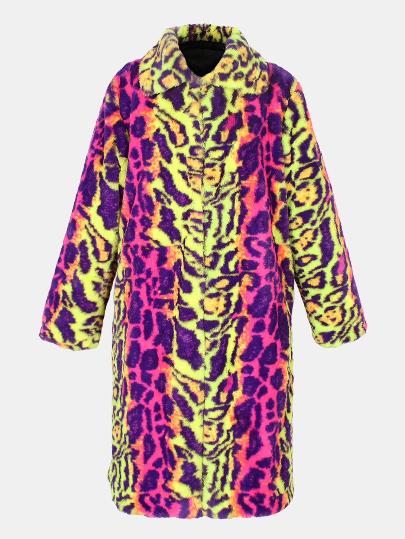 Women Neon Leopard Print Faux Fur Long Coat