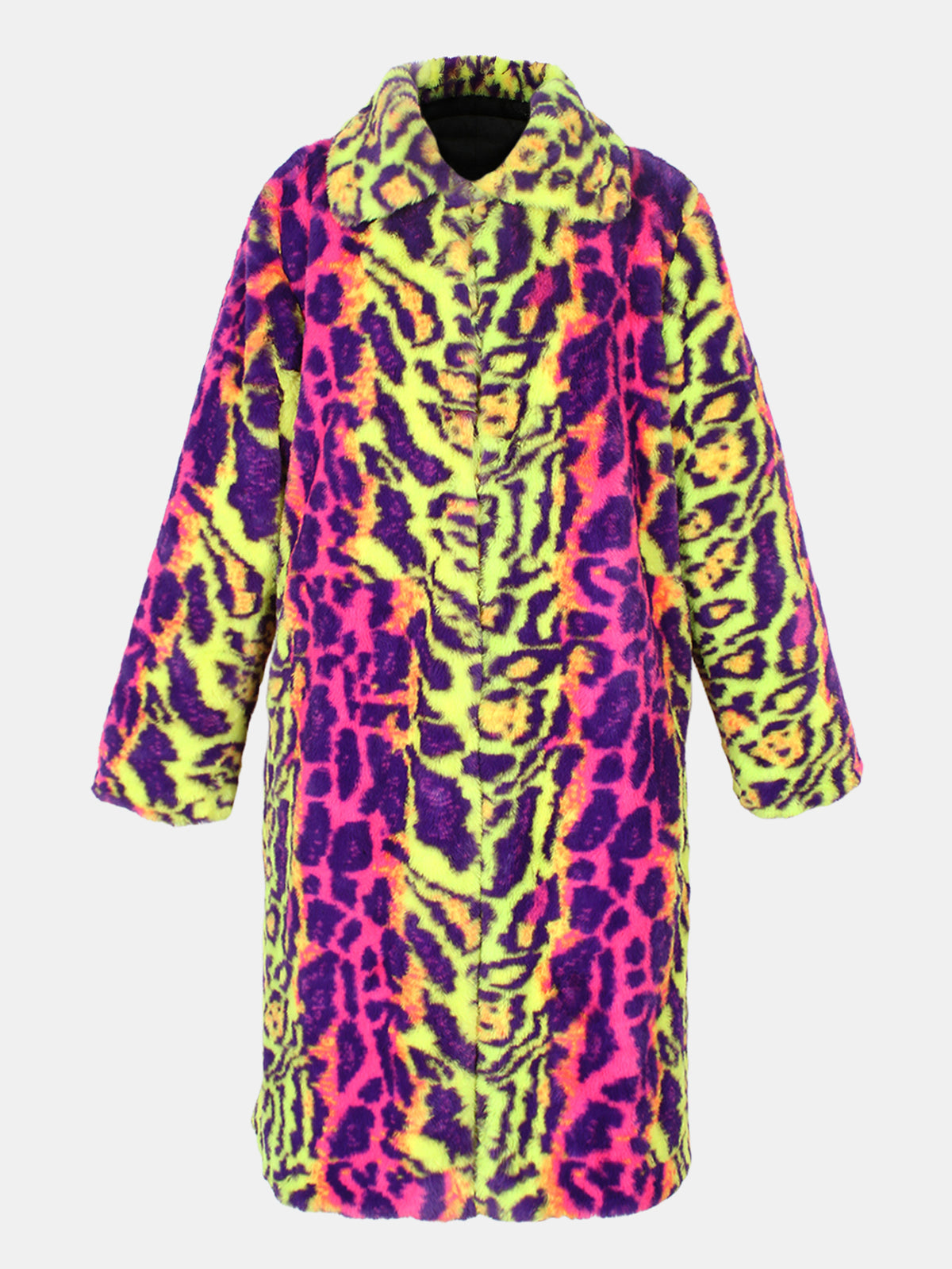 Women Neon Leopard Print Faux Fur Long Coat
