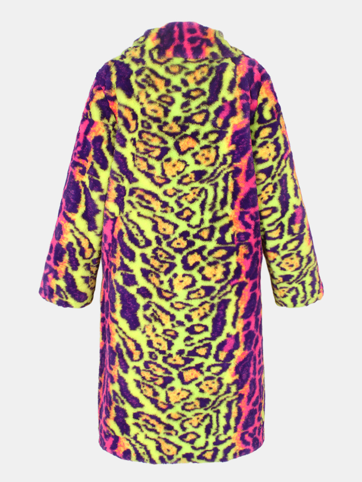 Women Neon Leopard Print Faux Fur Long Coat