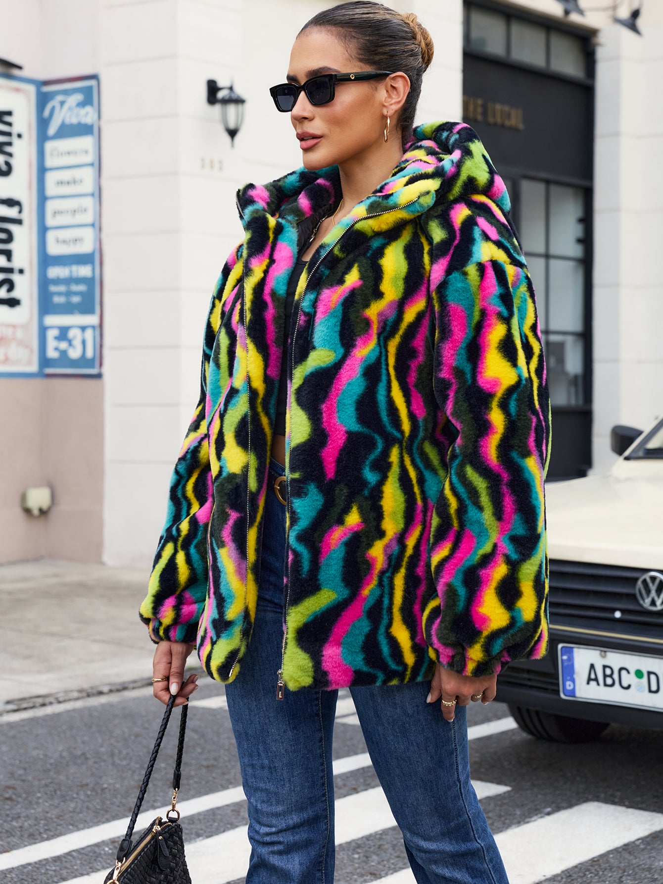 Rainbow Swirl Hooded Faux Fur Jacket Colorful Psychedelic Zip Up Fluffy Coat For Rave Festival