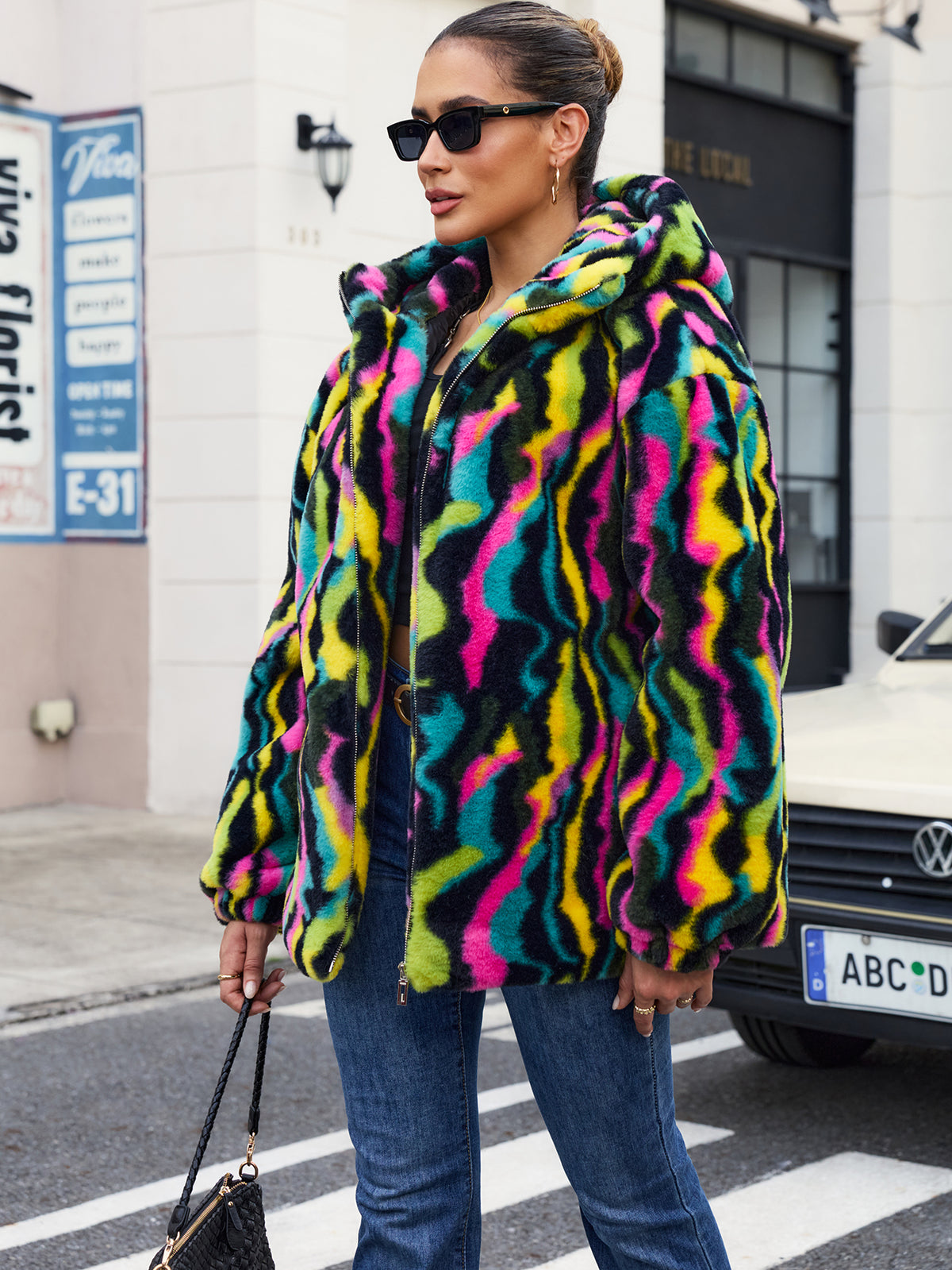 Rainbow Swirl Hooded Faux Fur Jacket Colorful Psychedelic Zip Up Fluffy Coat For Rave Festival