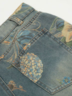 Flower Print Denim Wide Leg Pants