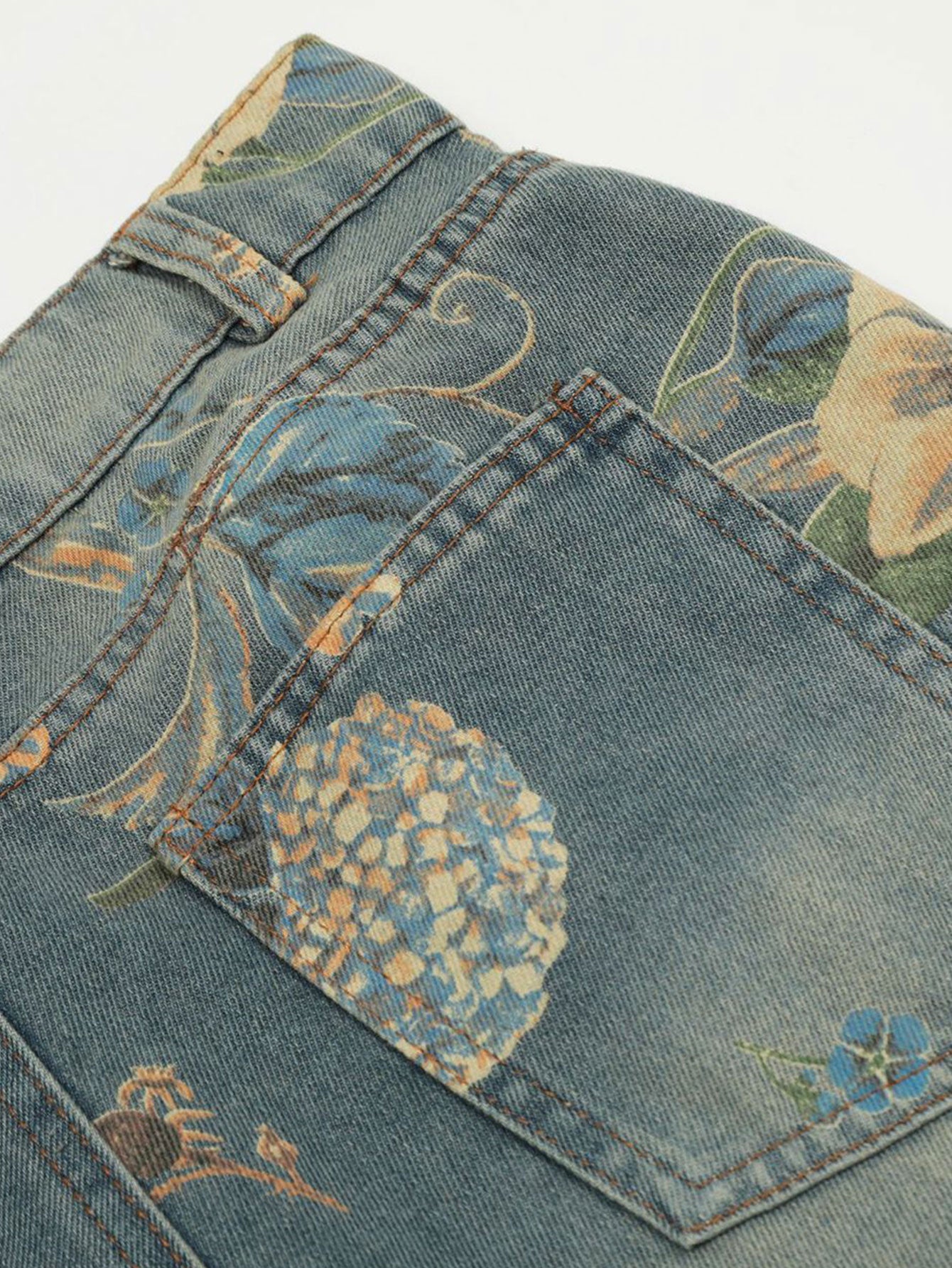 Flower Print Denim Wide Leg Pants