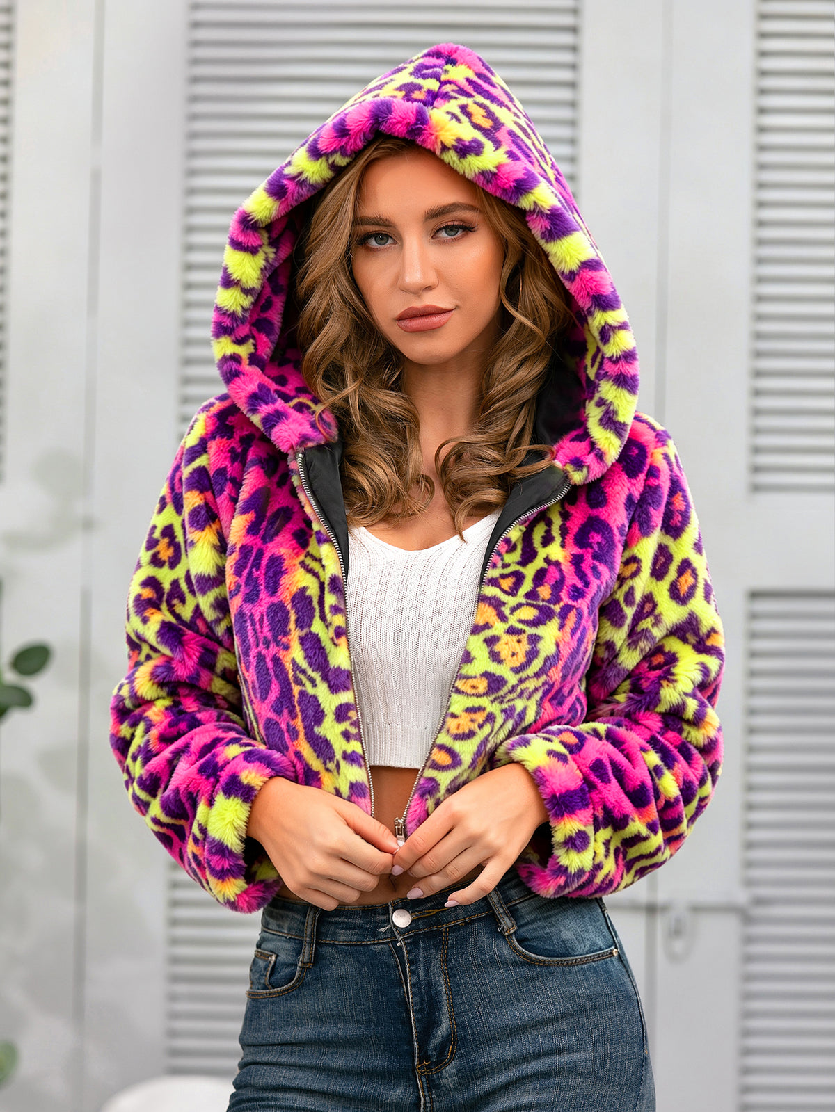 Women Colorful Leopard Print Fuzzy Fleece Cropped Hooded Jacket