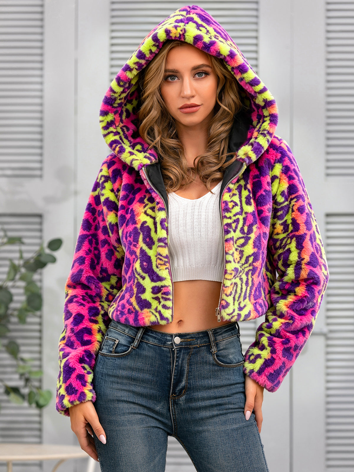 Women Colorful Leopard Print Fuzzy Fleece Cropped Hooded Jacket