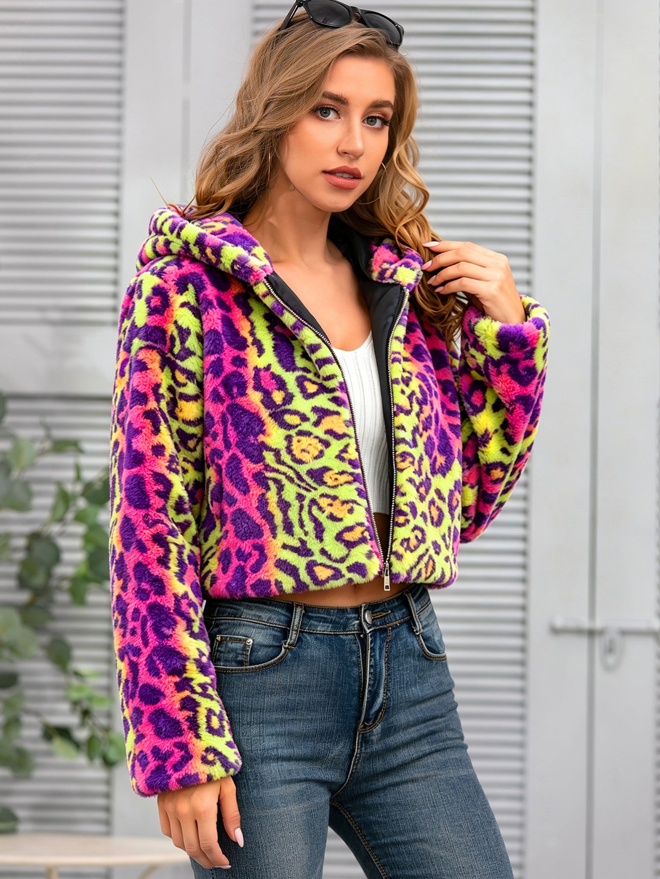 Women Colorful Leopard Print Fuzzy Fleece Cropped Hooded Jacket