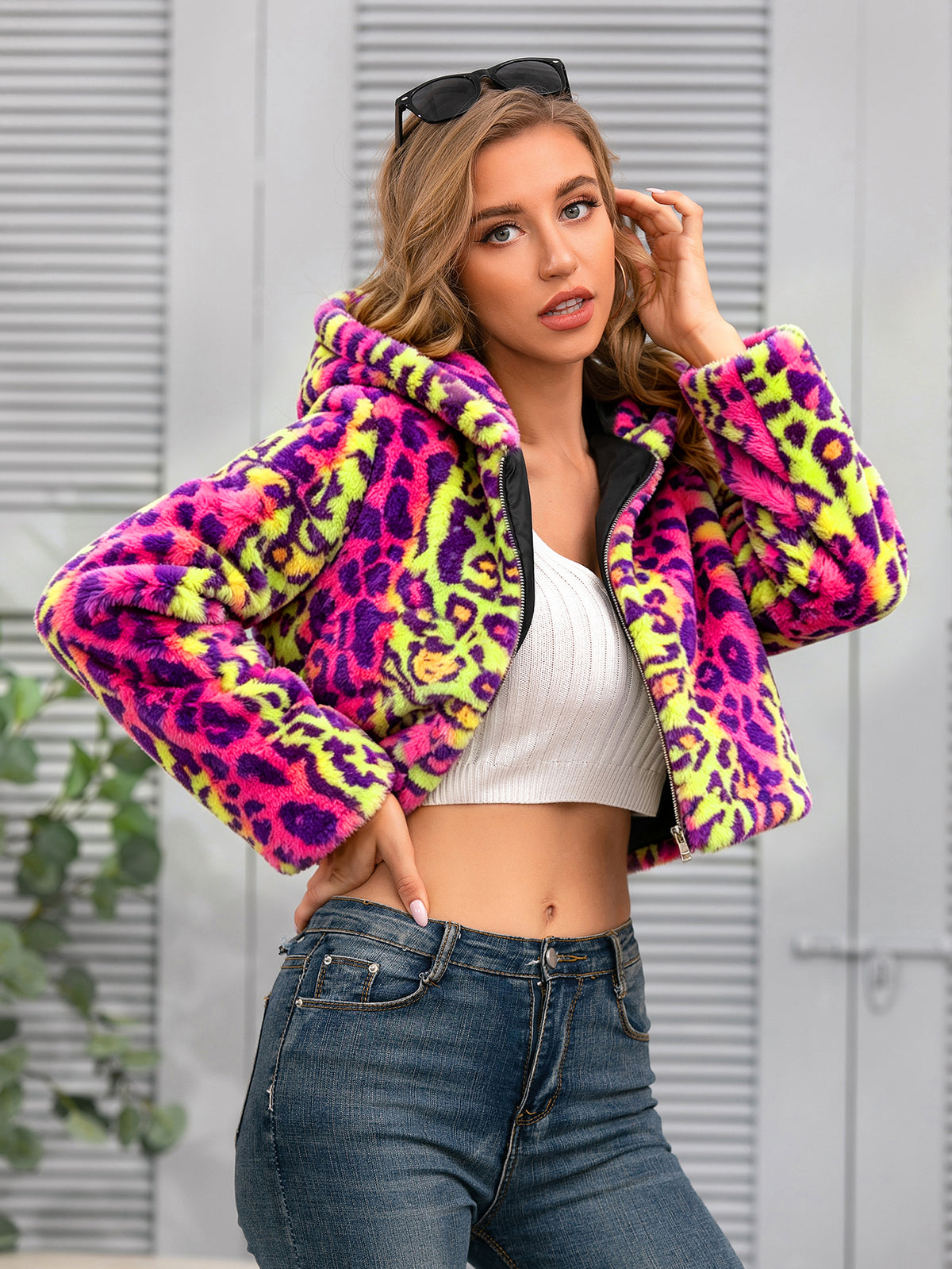 Women Colorful Leopard Print Fuzzy Fleece Cropped Hooded Jacket