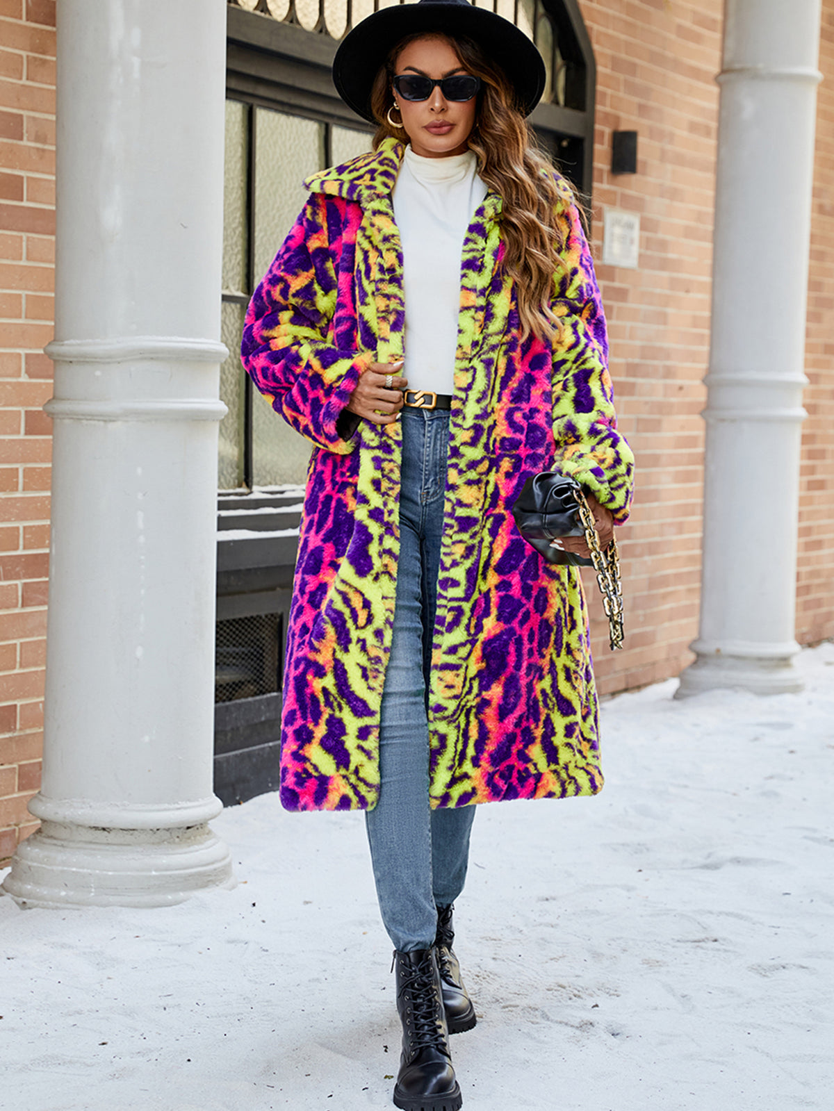 Women Neon Leopard Print Faux Fur Long Coat