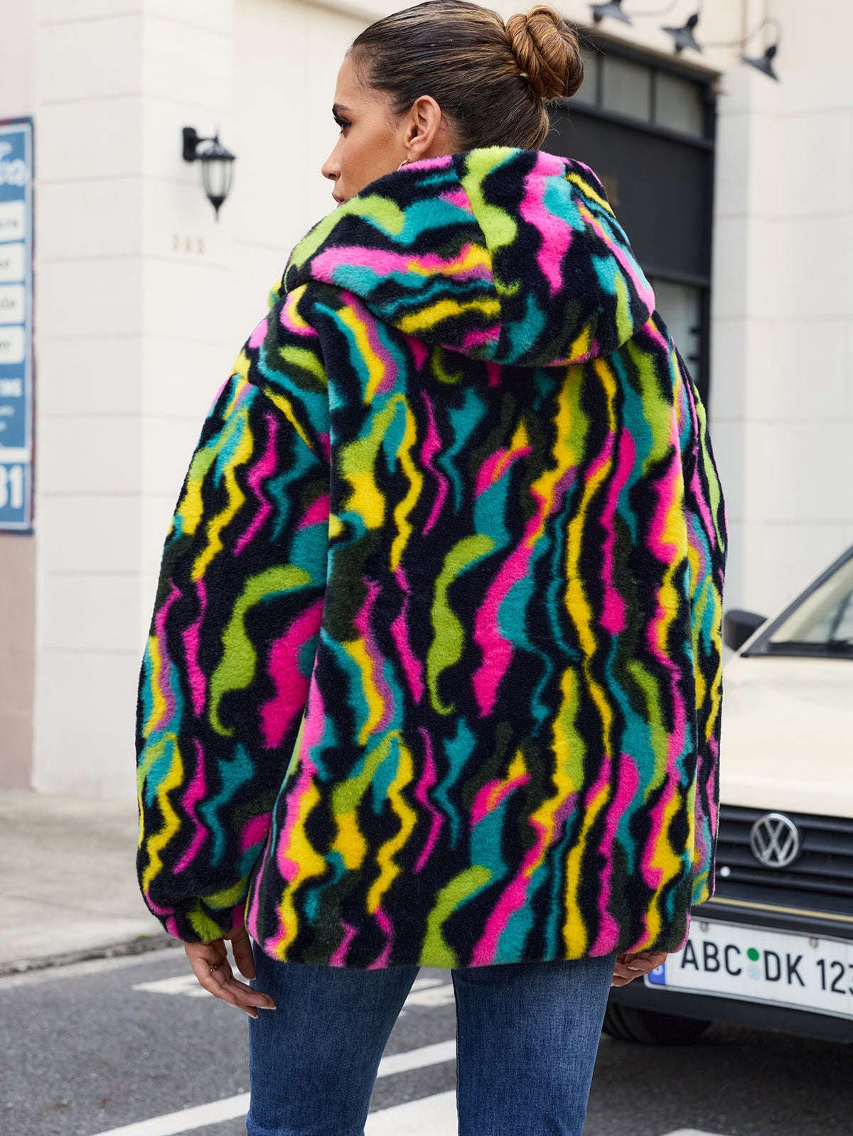 Rainbow Swirl Hooded Faux Fur Jacket Colorful Psychedelic Zip Up Fluffy Coat For Rave Festival