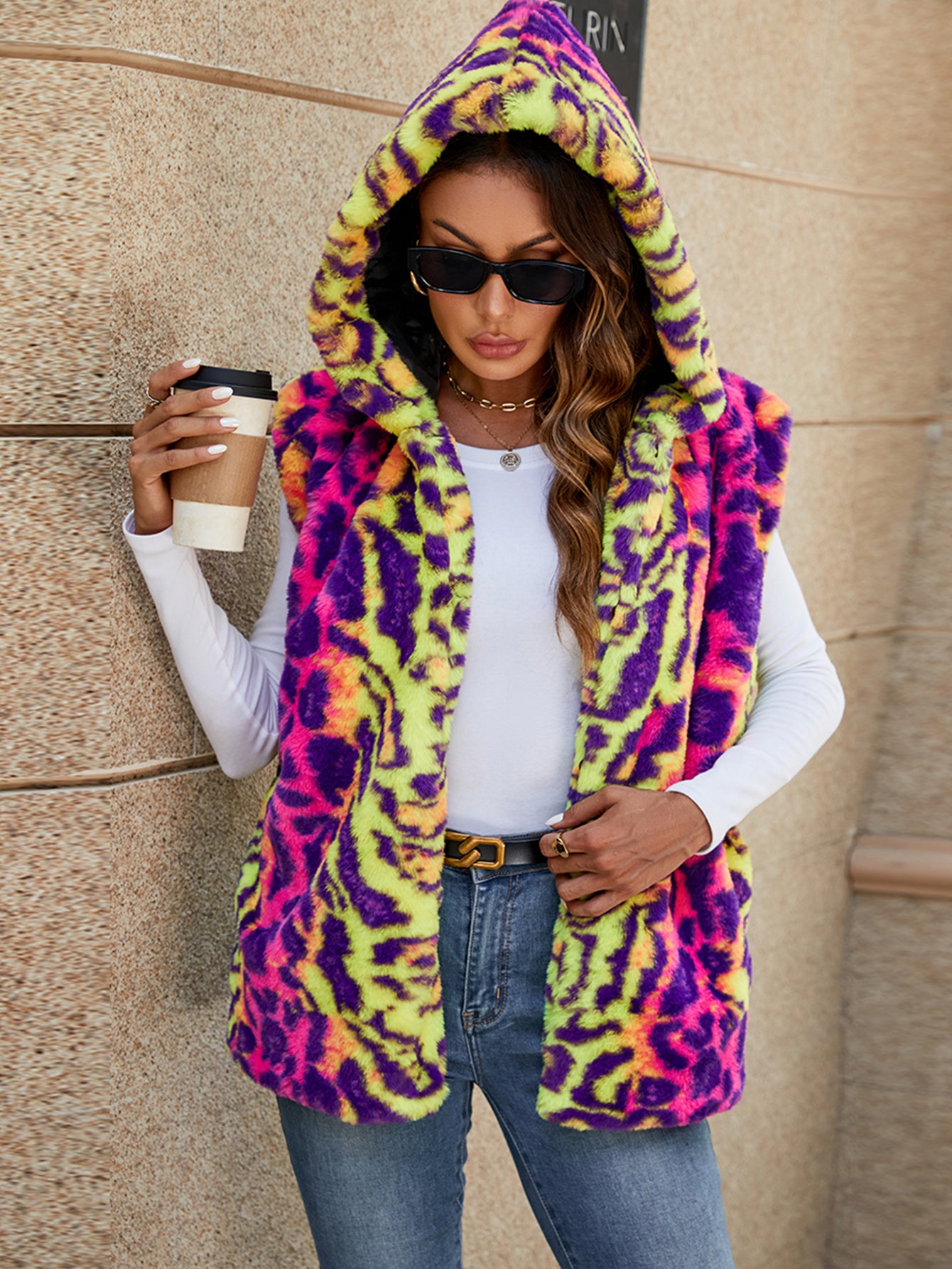 Colorful Leopard Print Faux Fur Hooded Vest