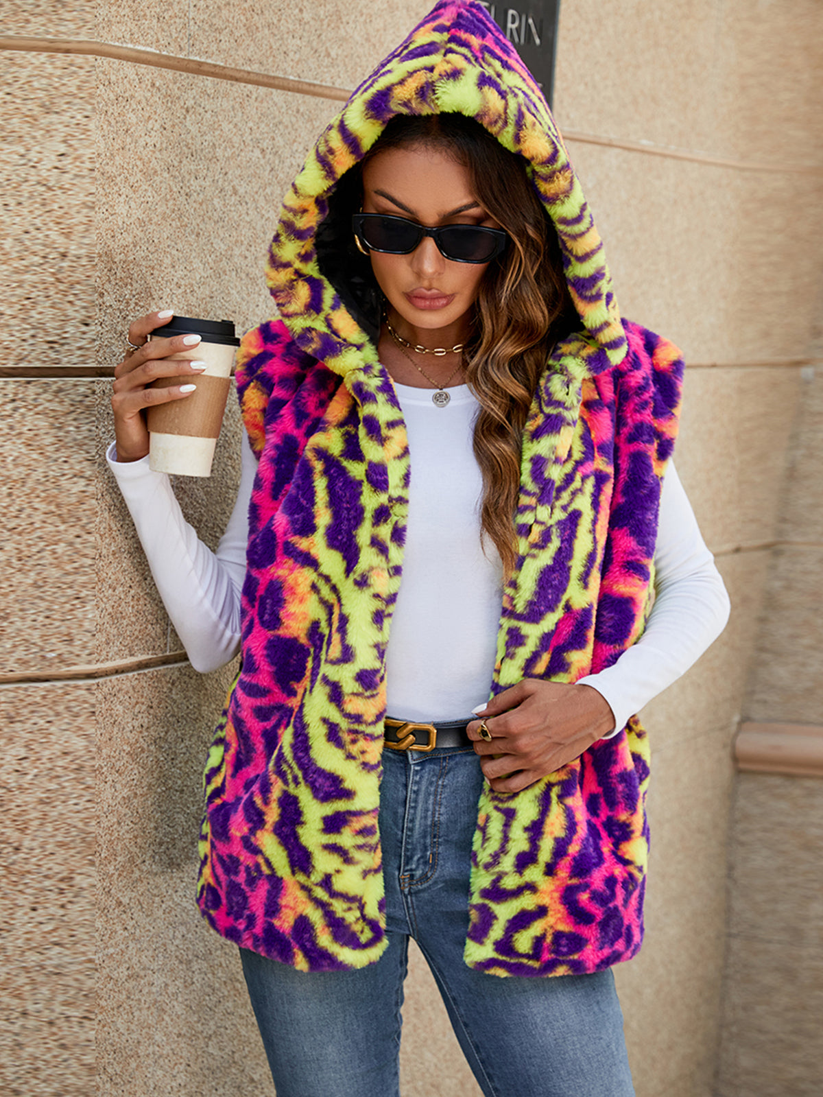 Colorful Leopard Print Faux Fur Hooded Vest