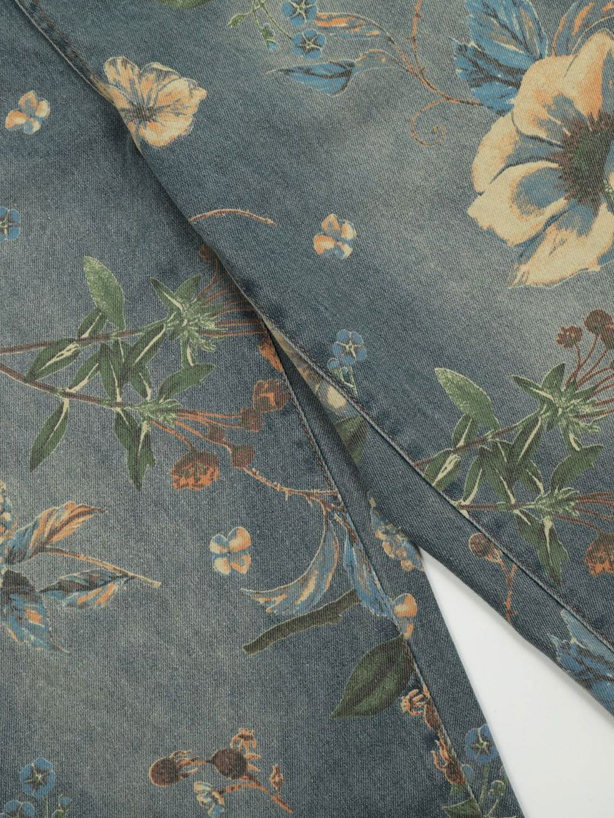 Flower Print Denim Wide Leg Pants