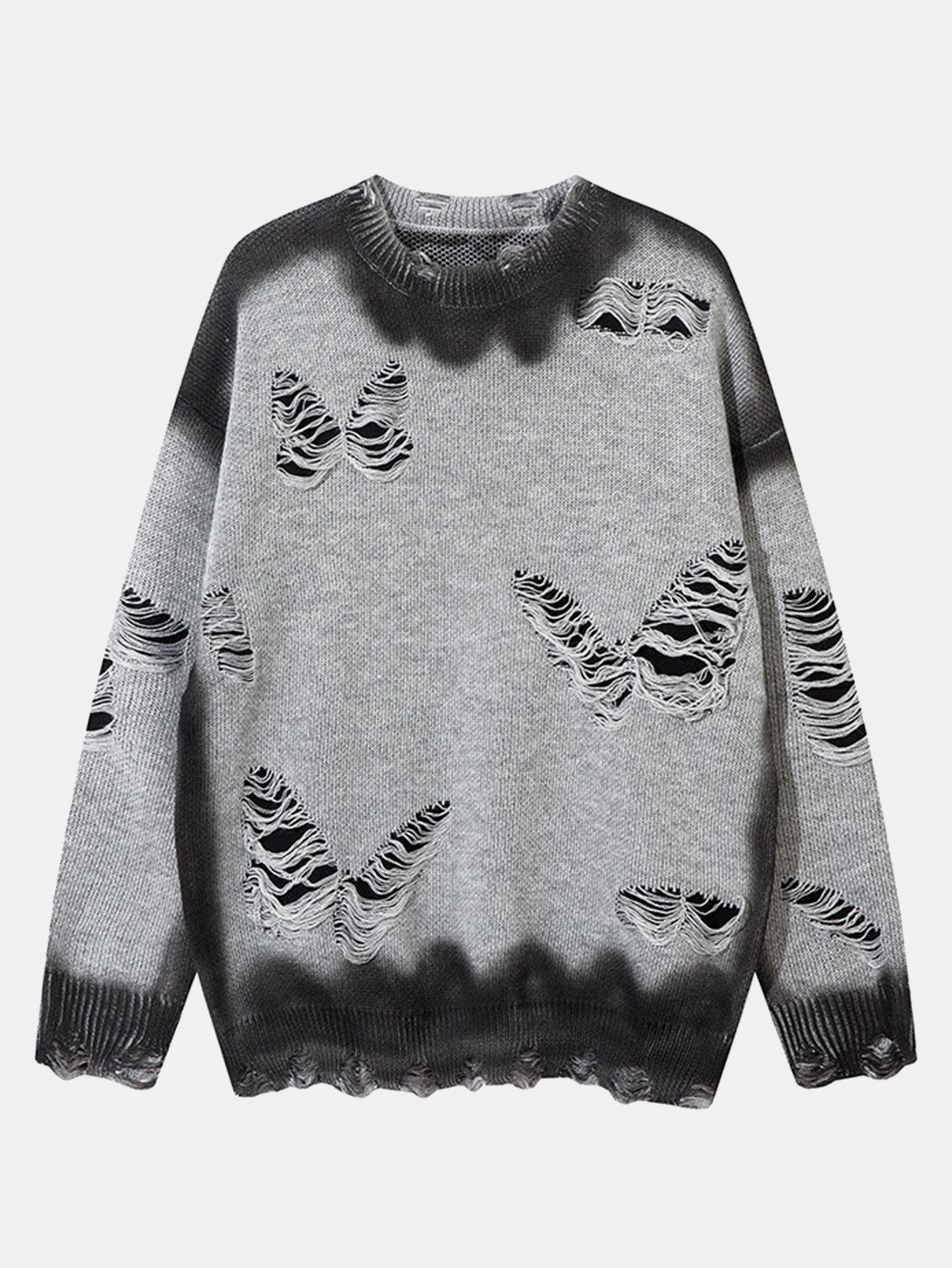 Butterfly Print Distressed Knit Sweater