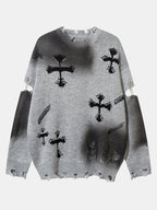 Cross Print Distressed Knit Sweater