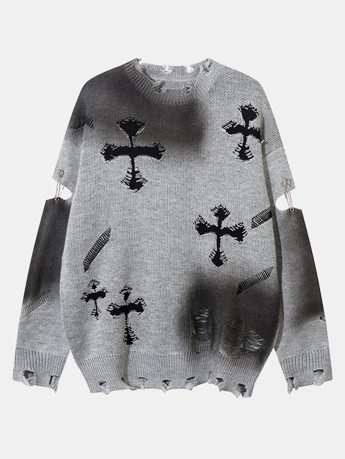 Cross Print Distressed Knit Sweater