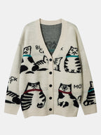Black Cat Print Button Up Knit Sweater