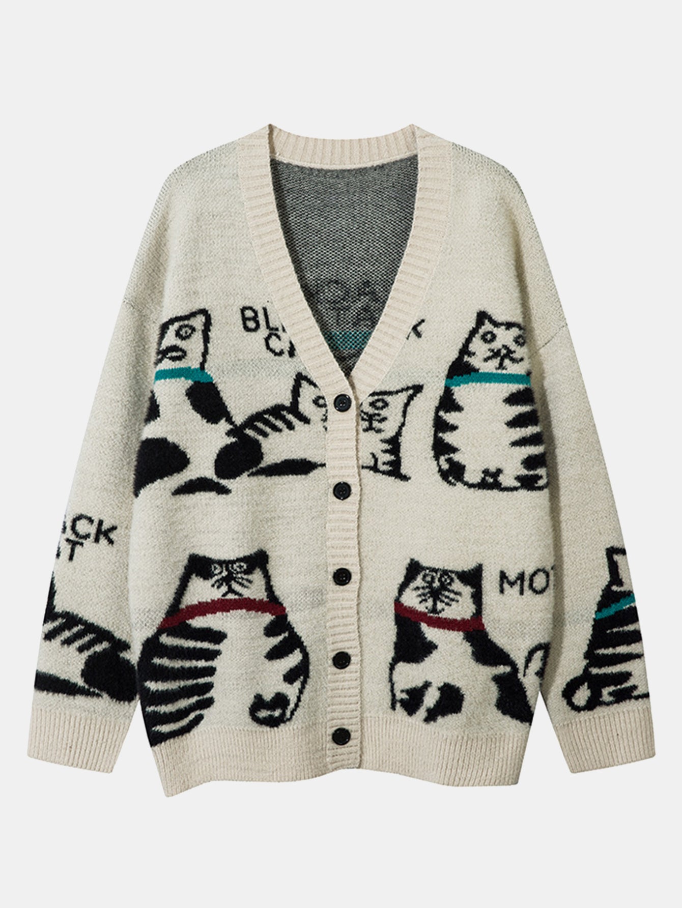 Black Cat Print Button Up Knit Sweater
