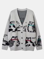 Black Cat Print Button Up Knit Sweater