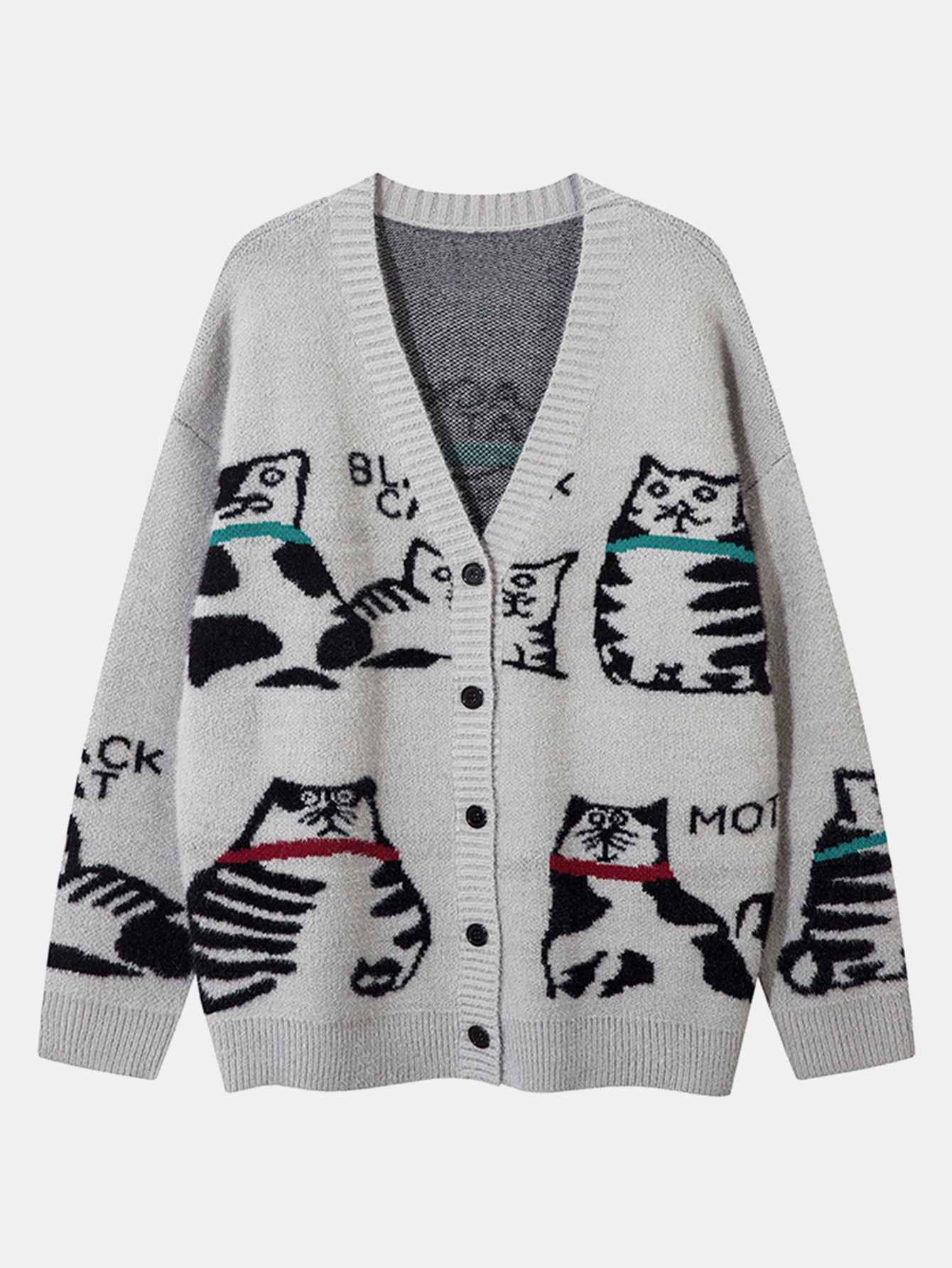 Black Cat Print Button Up Knit Sweater