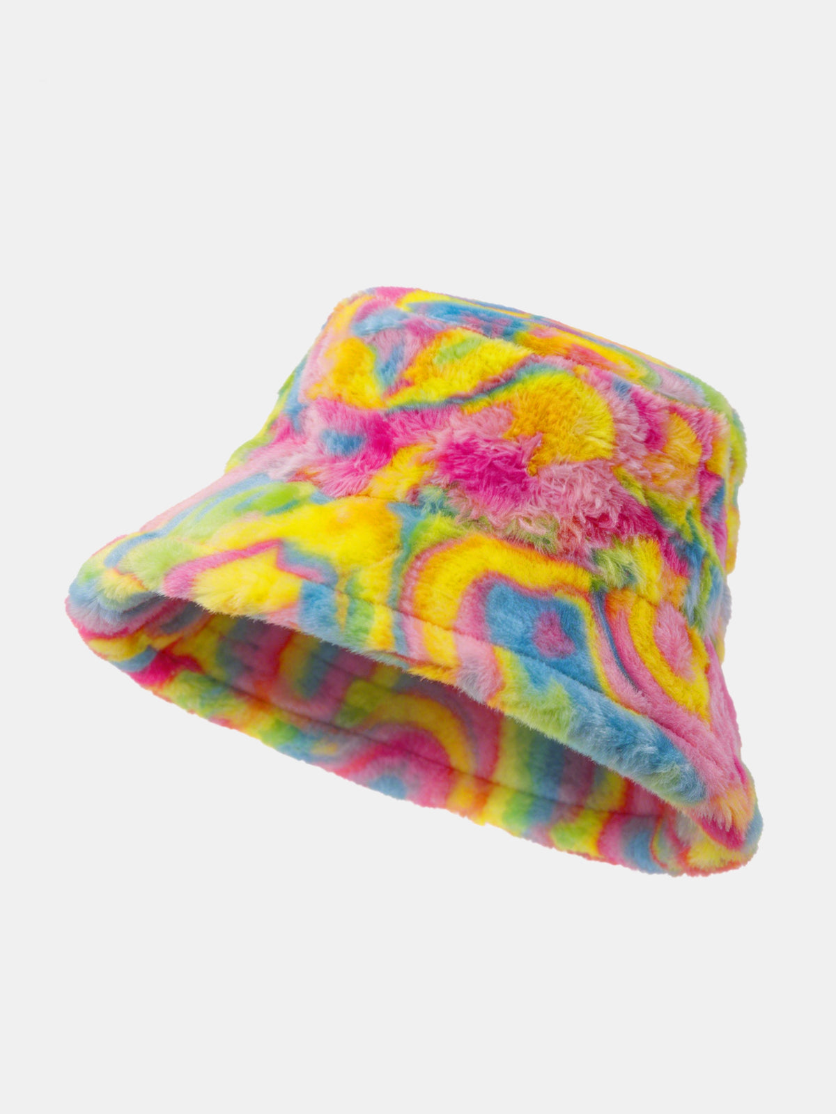 Plush-Texture Bucket Hat – Faux Fur Hat Featuring Psychedelic Animal-print Swirls; Perfect For Music Festival Outfits