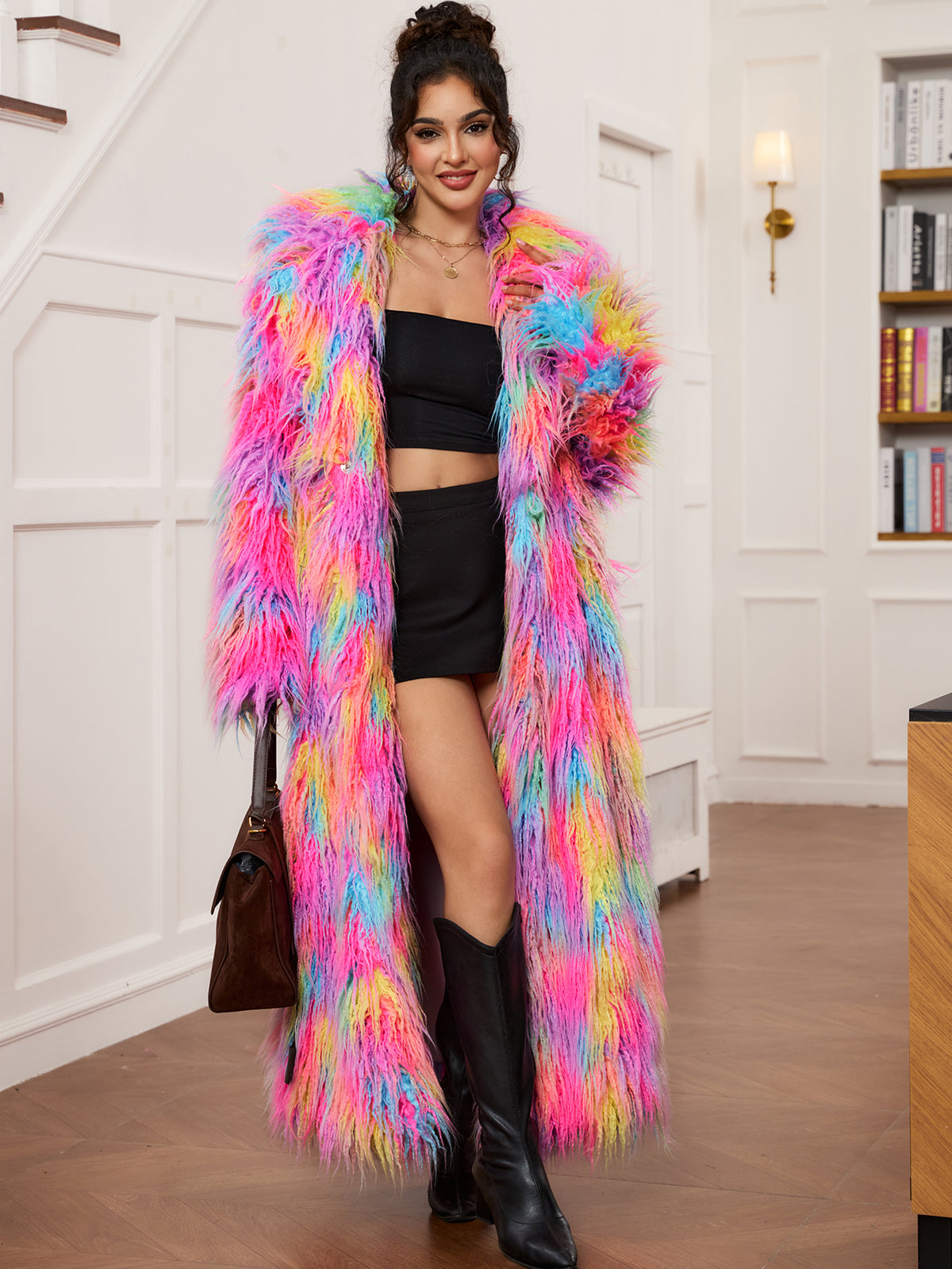 Women Rainbow Shaggy Faux Fur Long Coat Oversized Fluffy Furry Maxi Jacket