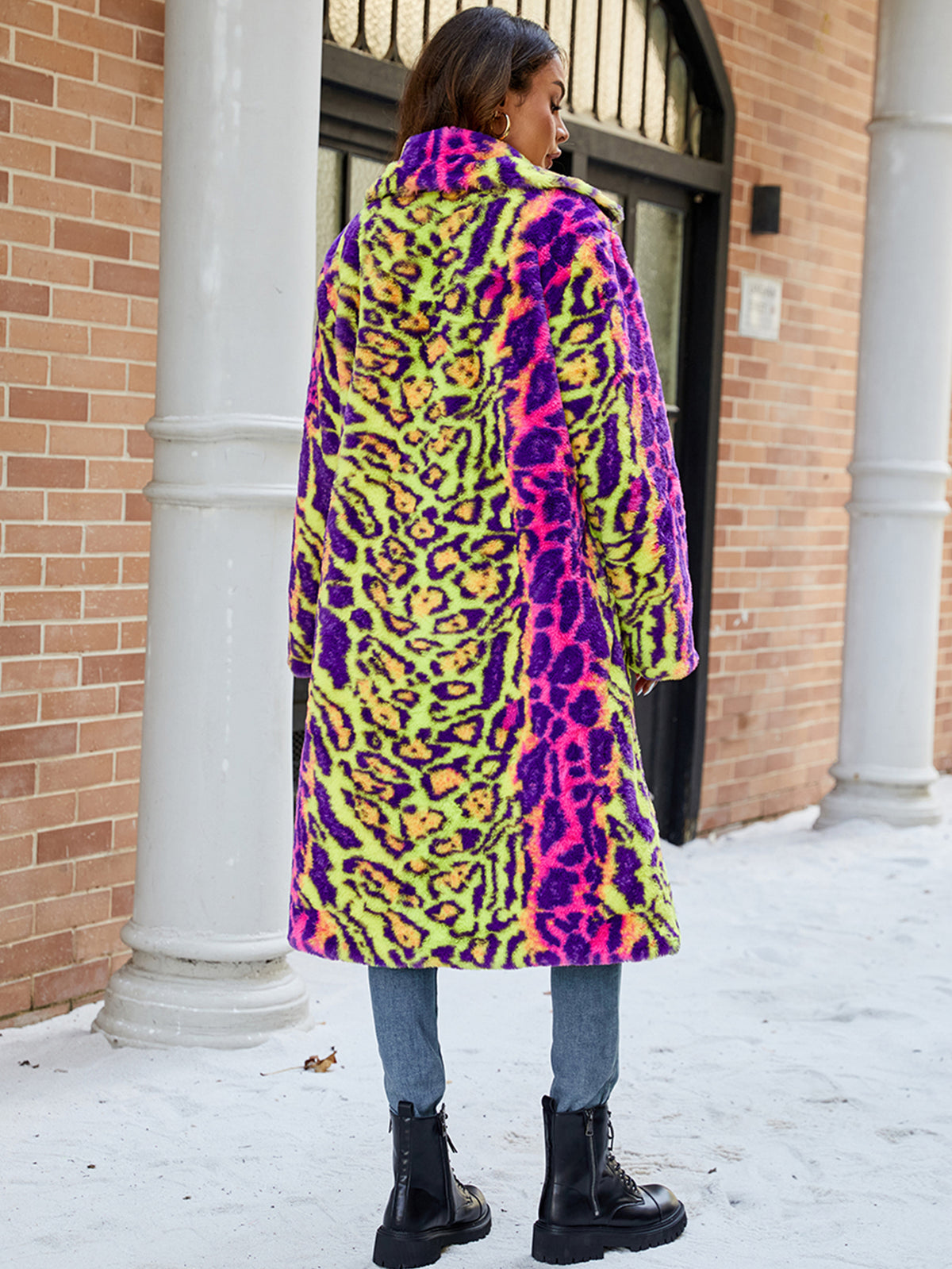 Women Neon Leopard Print Faux Fur Long Coat