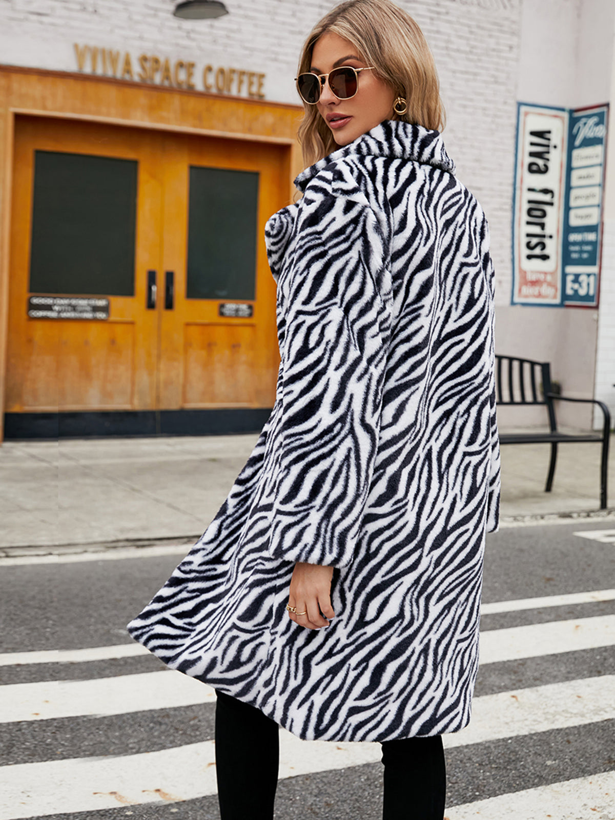 Tiger Zebra Striped Print Faux Fur Coat Notched Lapel Mid-Length Fluffy Furry Jacket
