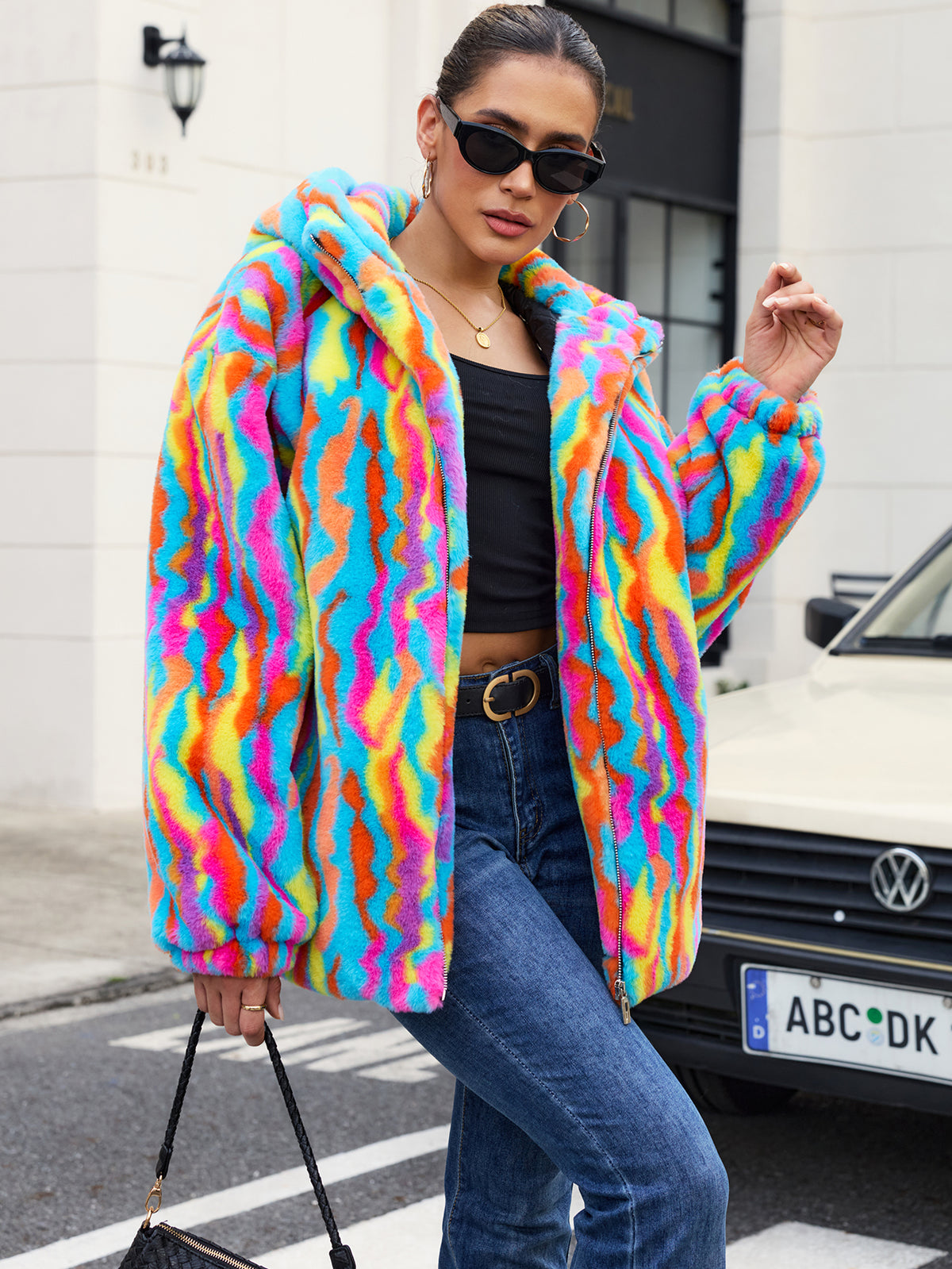 Rainbow Swirl Hooded Faux Fur Jacket Colorful Psychedelic Zip Up Fluffy Coat For Rave Festival