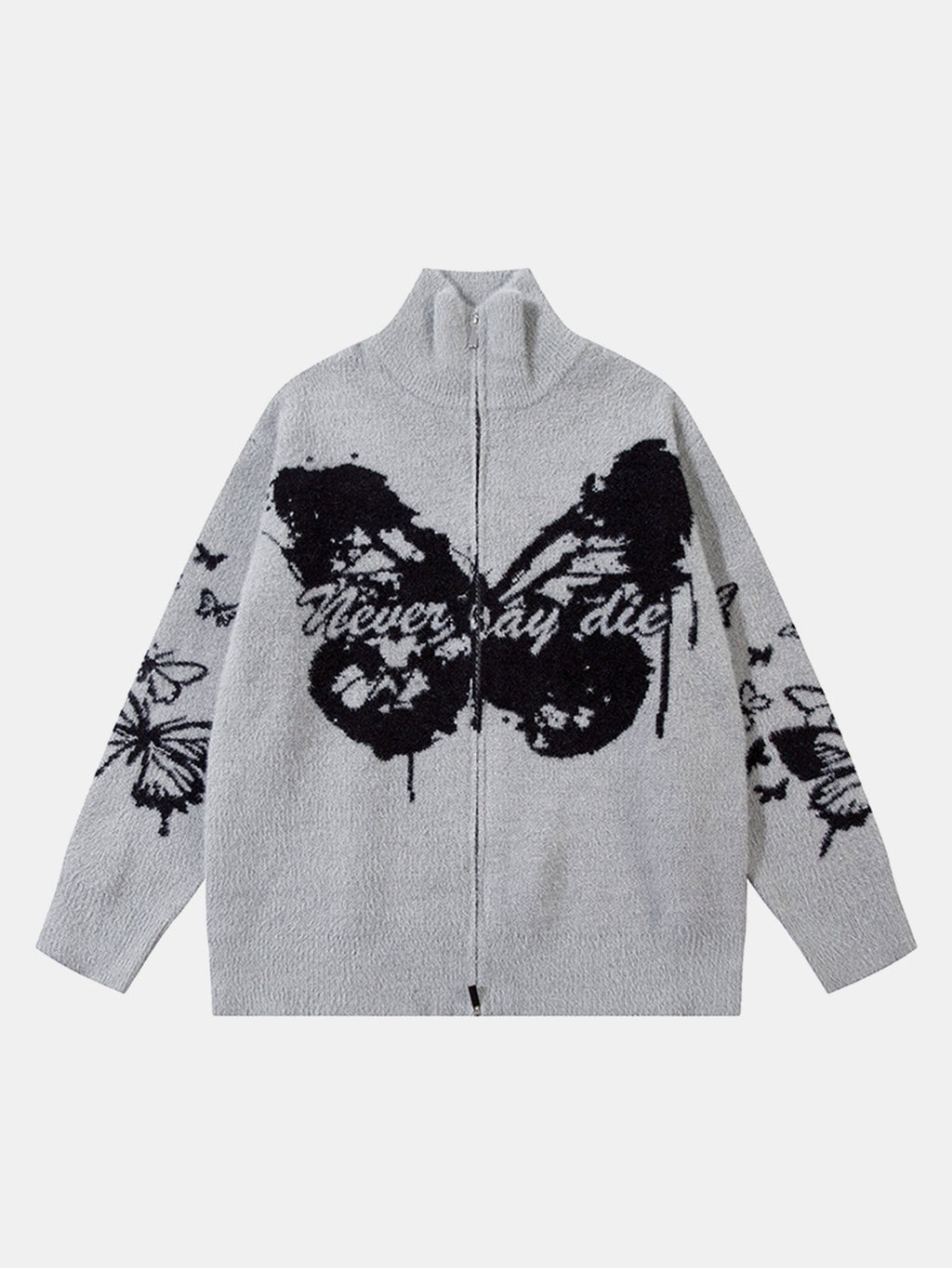 Butterfly Print Zip-Up Knit Sweater