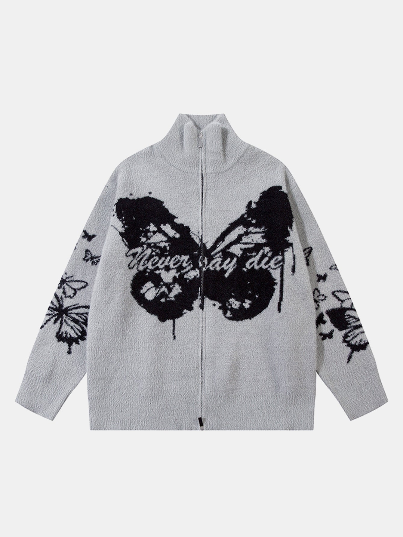Butterfly Print Zip-Up Knit Sweater
