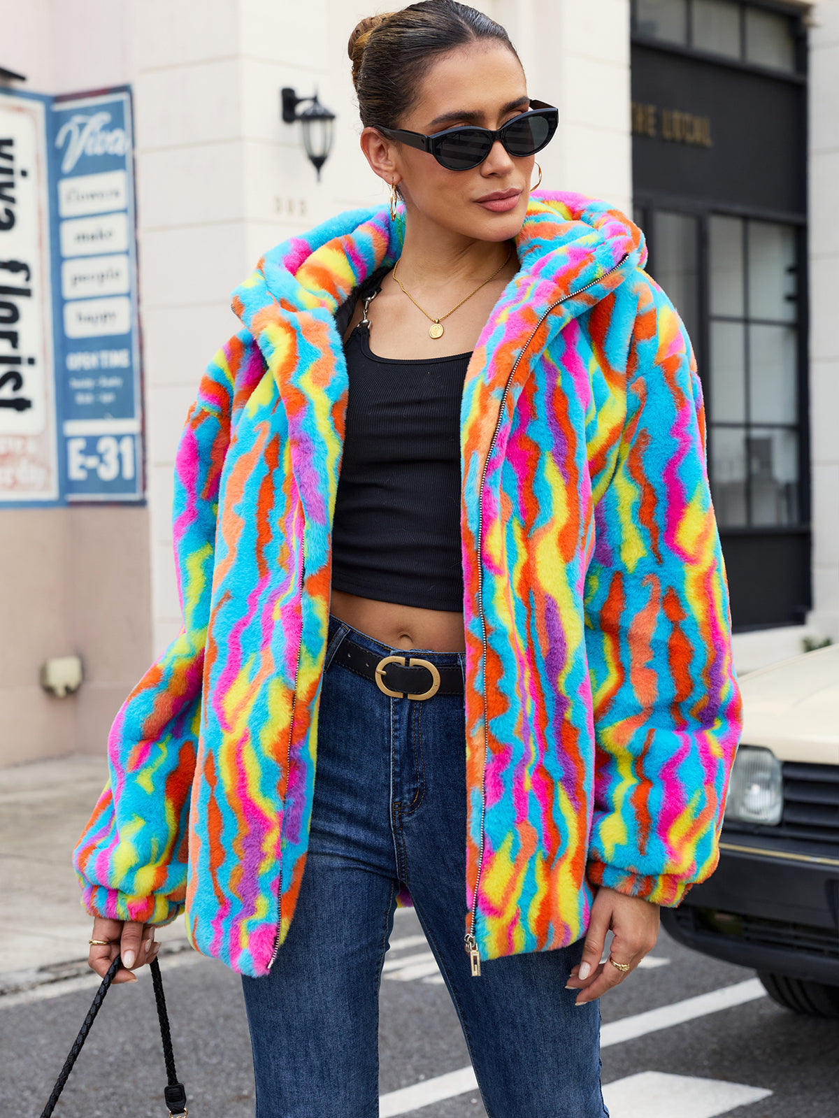 Rainbow Swirl Hooded Faux Fur Jacket Colorful Psychedelic Zip Up Fluffy Coat For Rave Festival