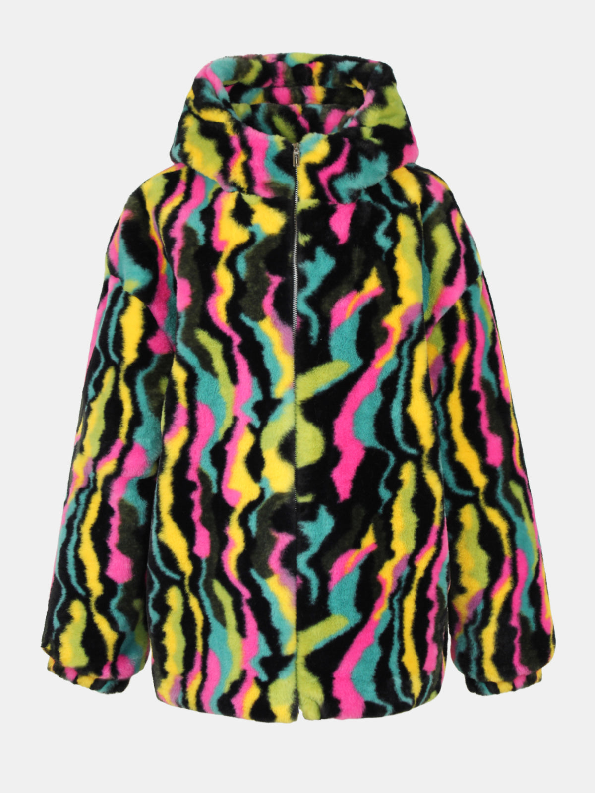 Rainbow Swirl Hooded Faux Fur Jacket Colorful Psychedelic Zip Up Fluffy Coat For Rave Festival
