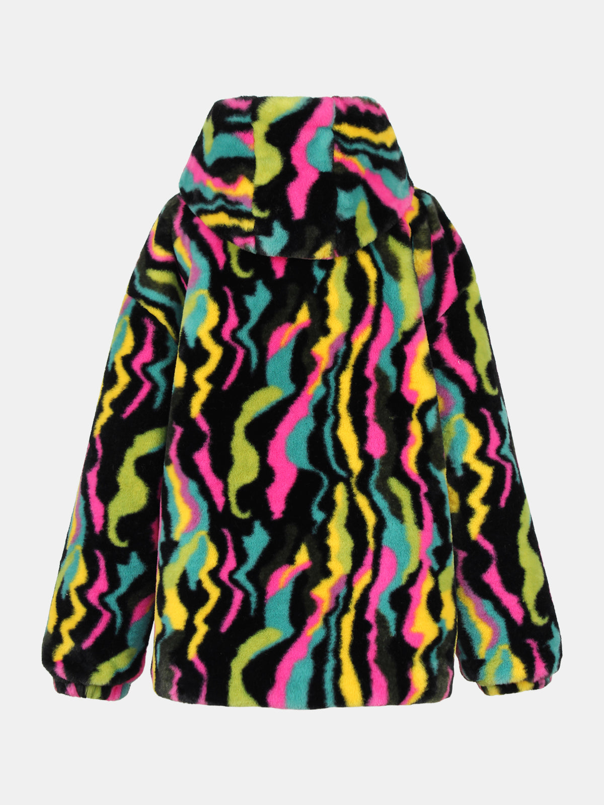 Rainbow Swirl Hooded Faux Fur Jacket Colorful Psychedelic Zip Up Fluffy Coat For Rave Festival