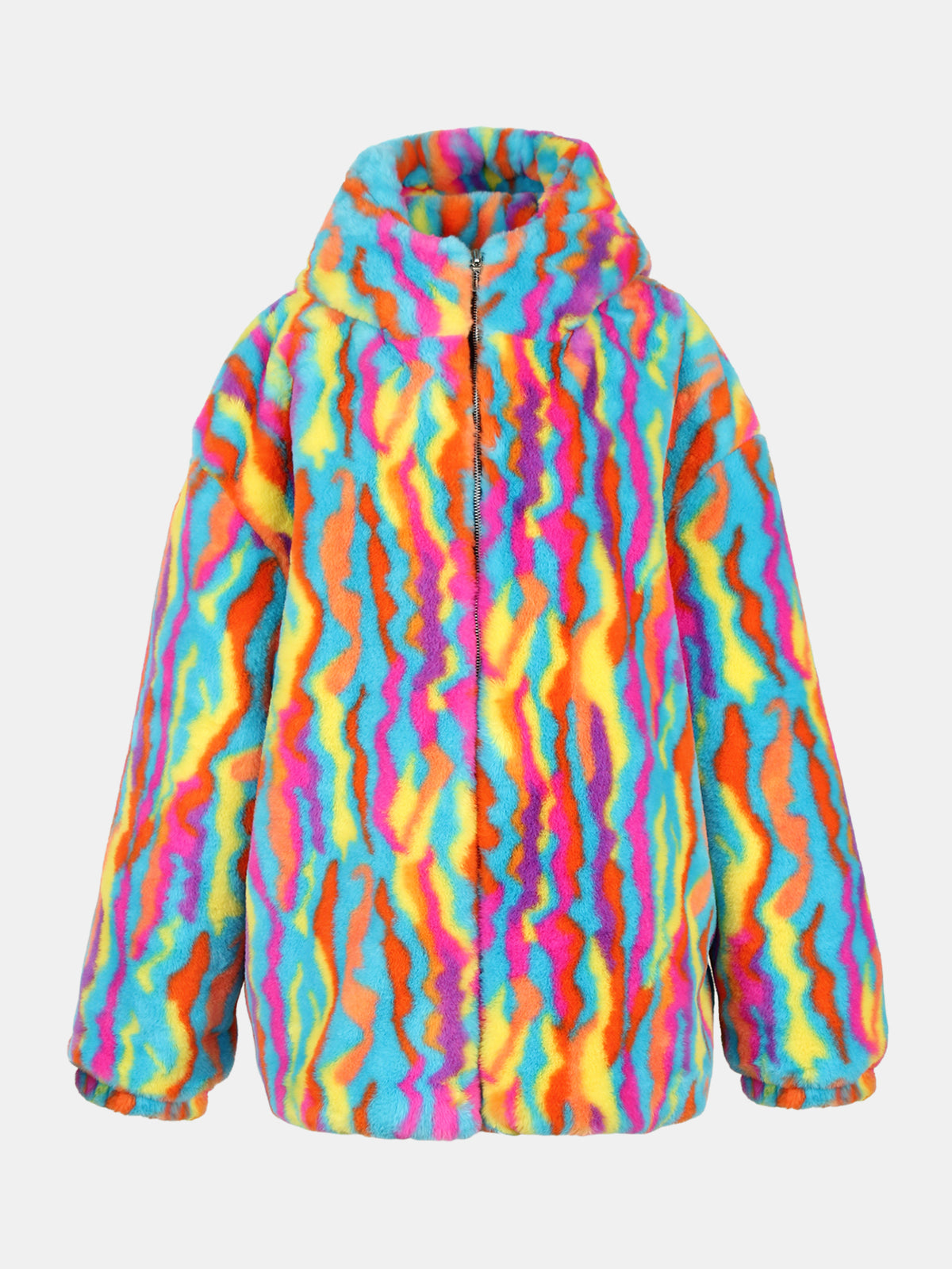 Rainbow Swirl Hooded Faux Fur Jacket Colorful Psychedelic Zip Up Fluffy Coat For Rave Festival