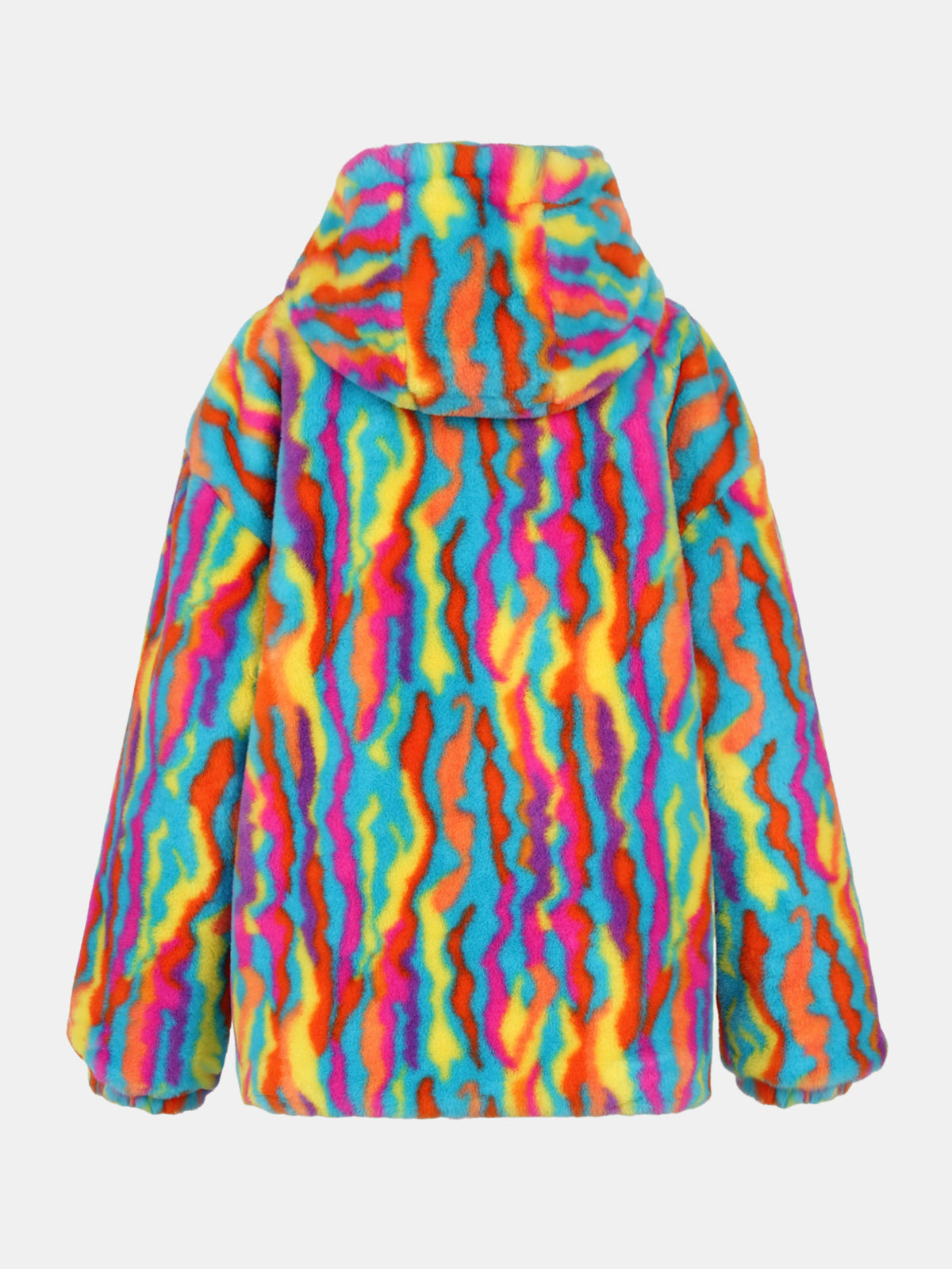 Rainbow Swirl Hooded Faux Fur Jacket Colorful Psychedelic Zip Up Fluffy Coat For Rave Festival