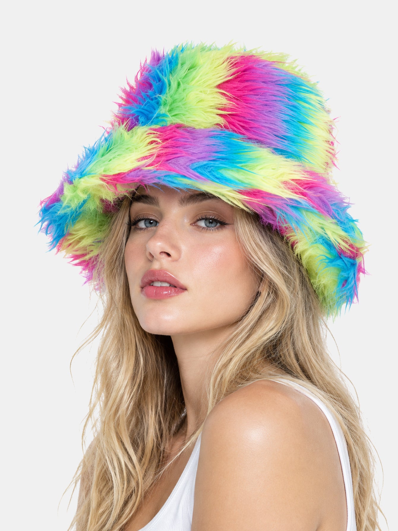 Long Shaggy Rainbow Faux Fur Bucket Hat Fluffy Winter Fisherman Hat