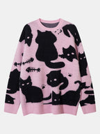 Black Cat Print Knit Sweater