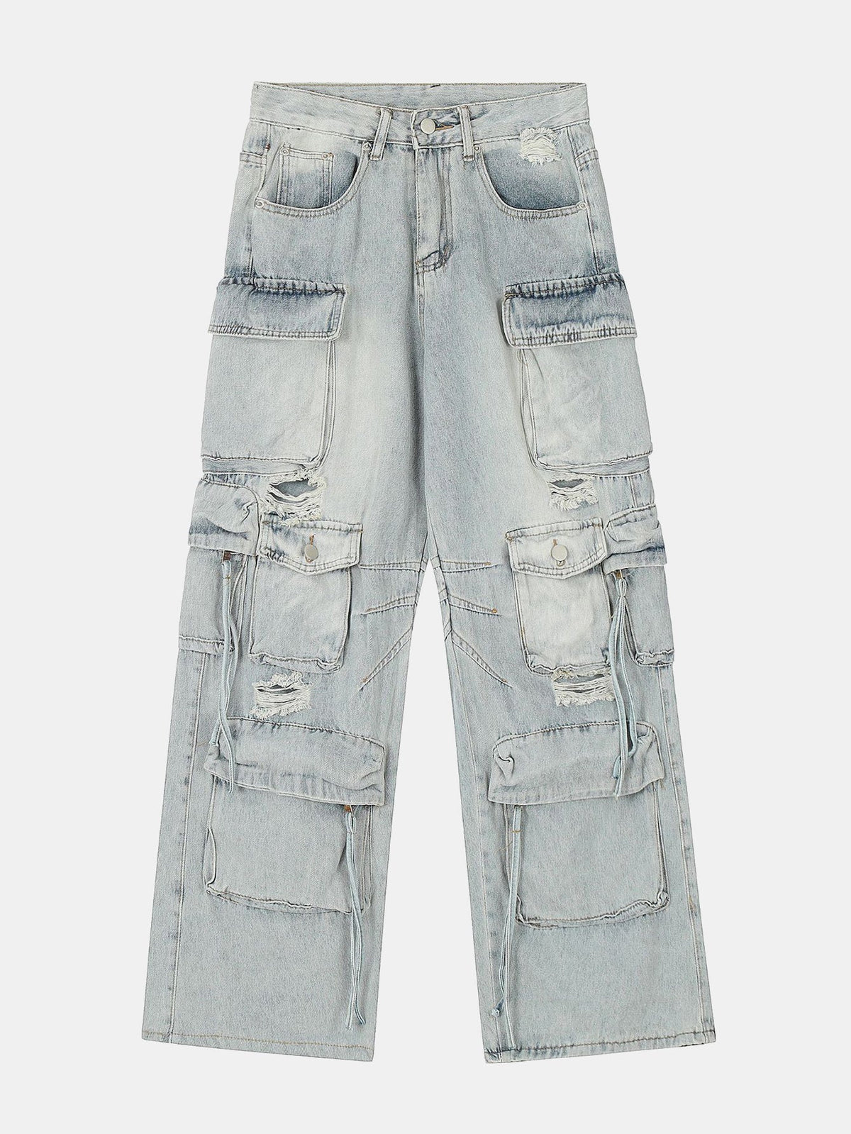 Washed Distressed Baggy Denim Cargo Pants