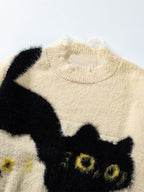Cat Printed Distressed Knit Sweater