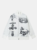 Gothic Cross Print Zip-Up Knit Sweater