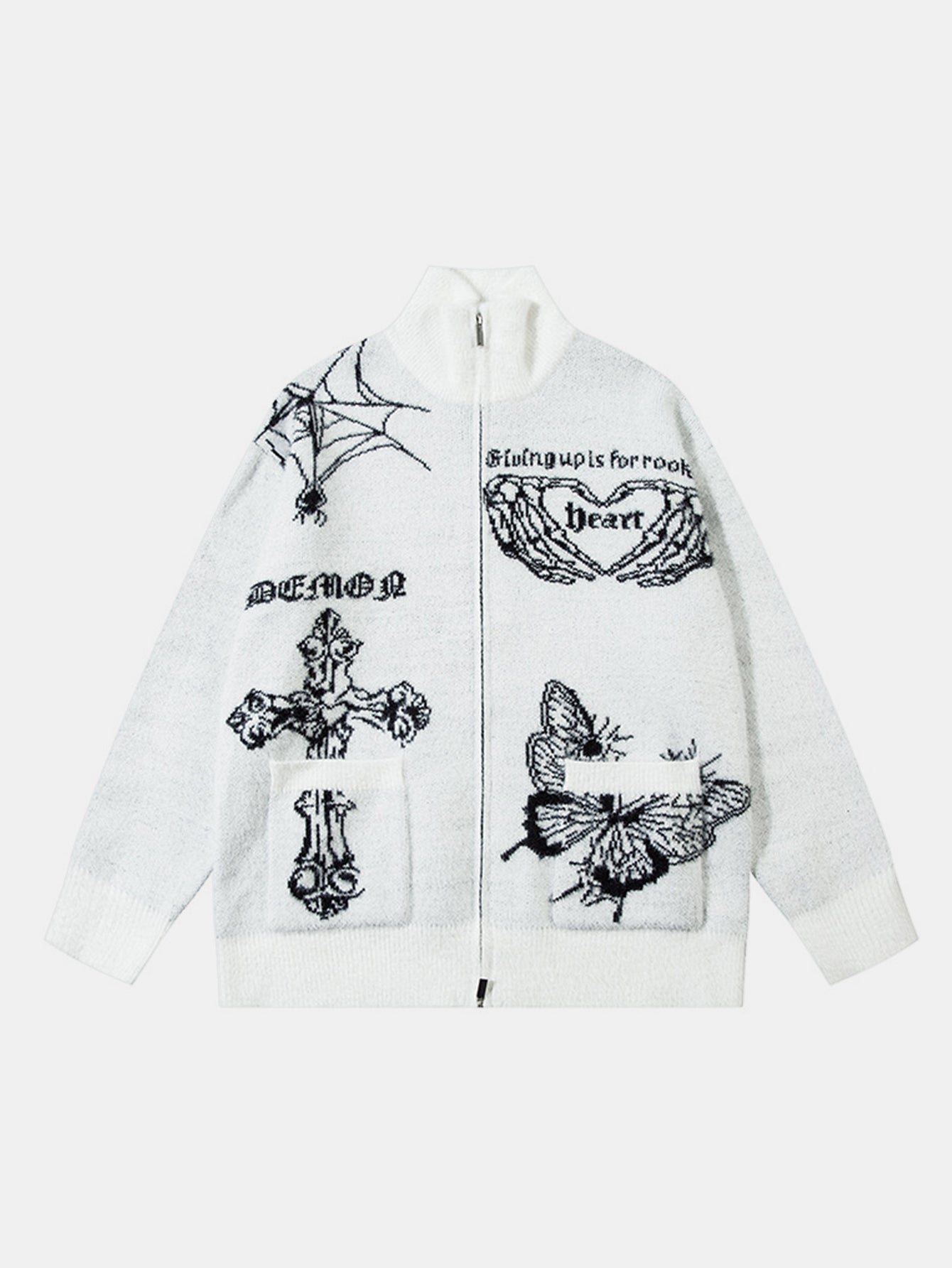 Gothic Cross Print Zip-Up Knit Sweater