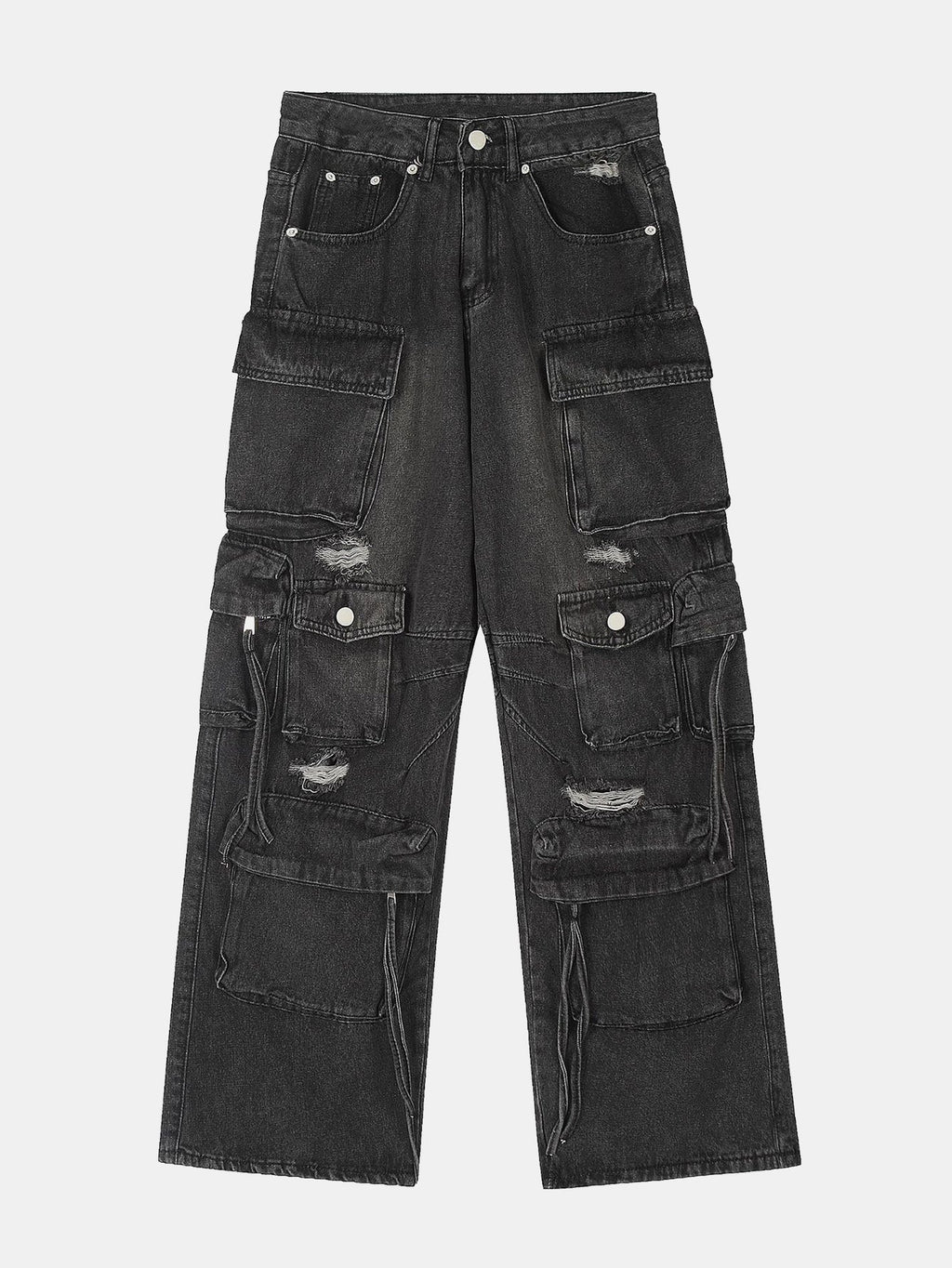 Washed Distressed Baggy Denim Cargo Pants
