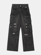 Washed Distressed Baggy Denim Cargo Pants