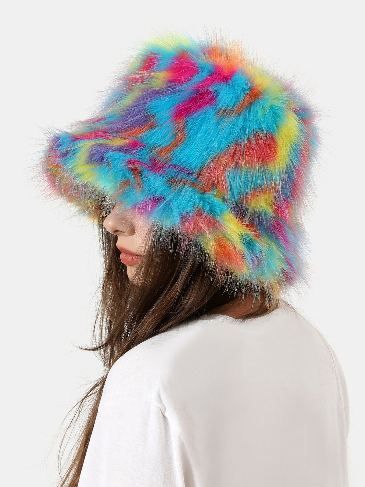 Color Block Faux Fur Fluffy Bucket Hat Wide Brim