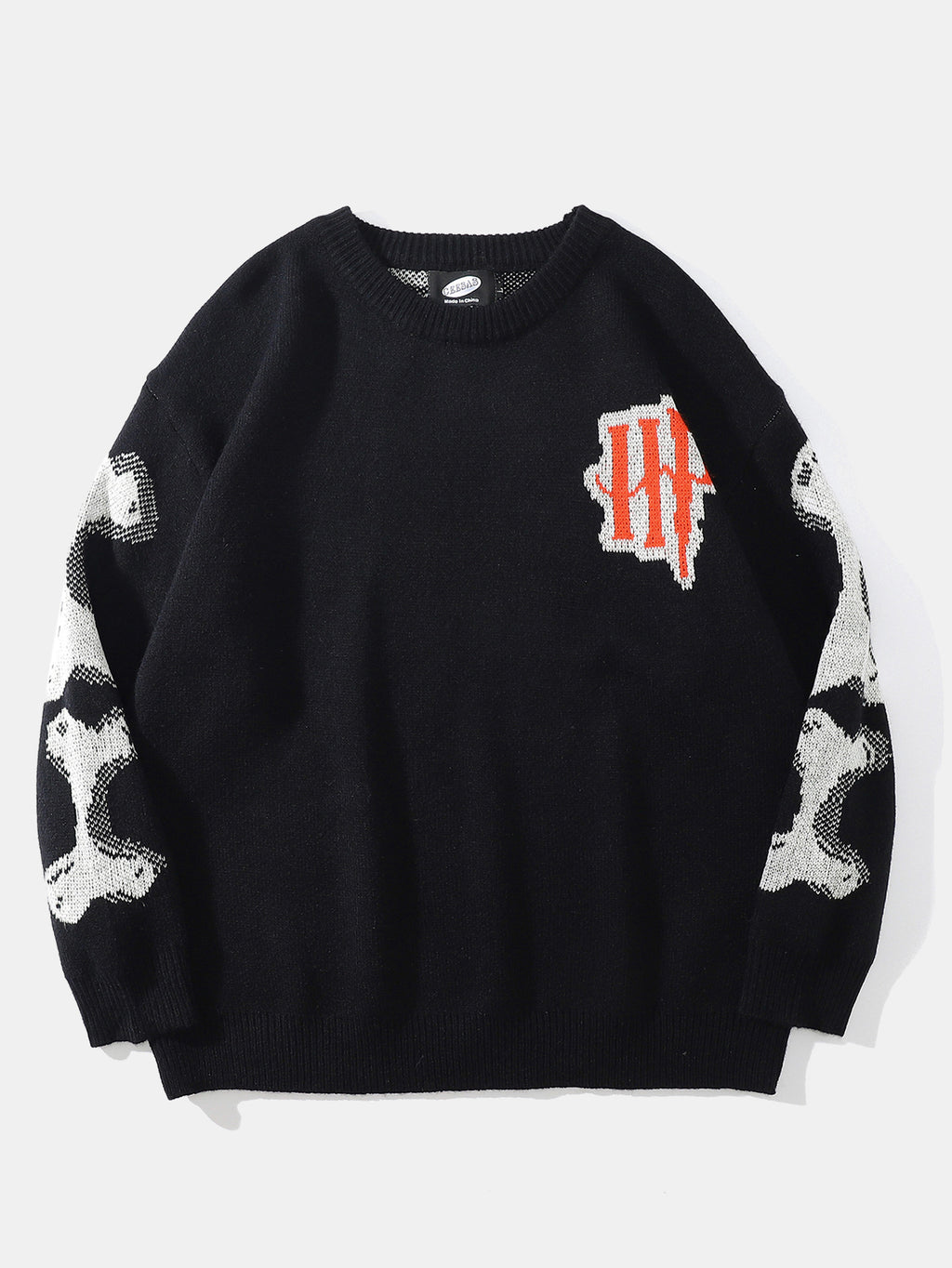 Skeleton Back Print Crew Neck Knit Sweater