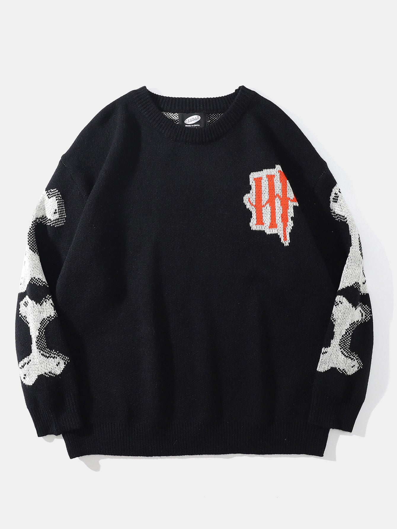 Skeleton Back Print Crew Neck Knit Sweater