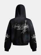 Distressed Cross Print Zipper Hoodie