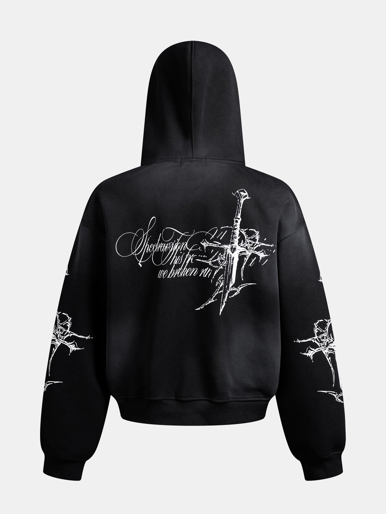 Distressed Cross Print Zipper Hoodie